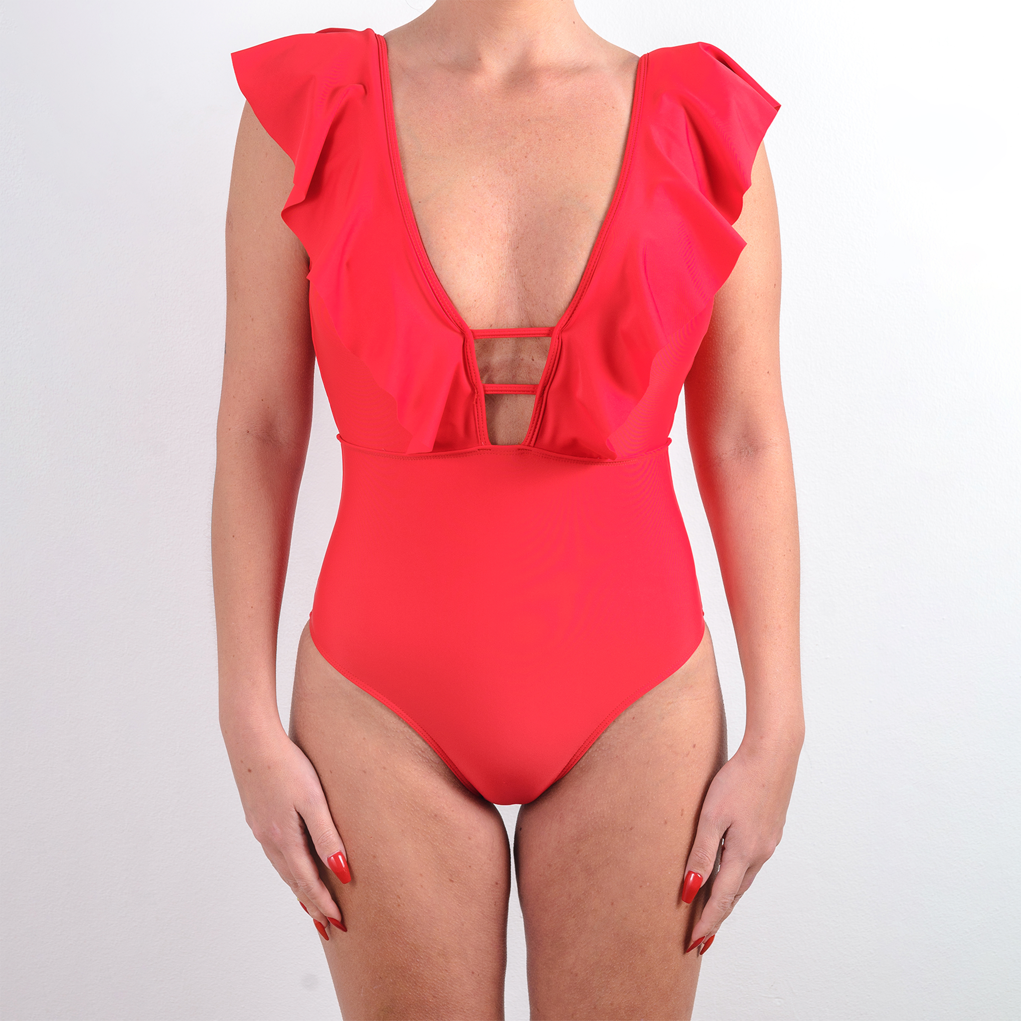 TRAJE DE BAÑO ENTERO CON VUELOS LARGOS ROJO