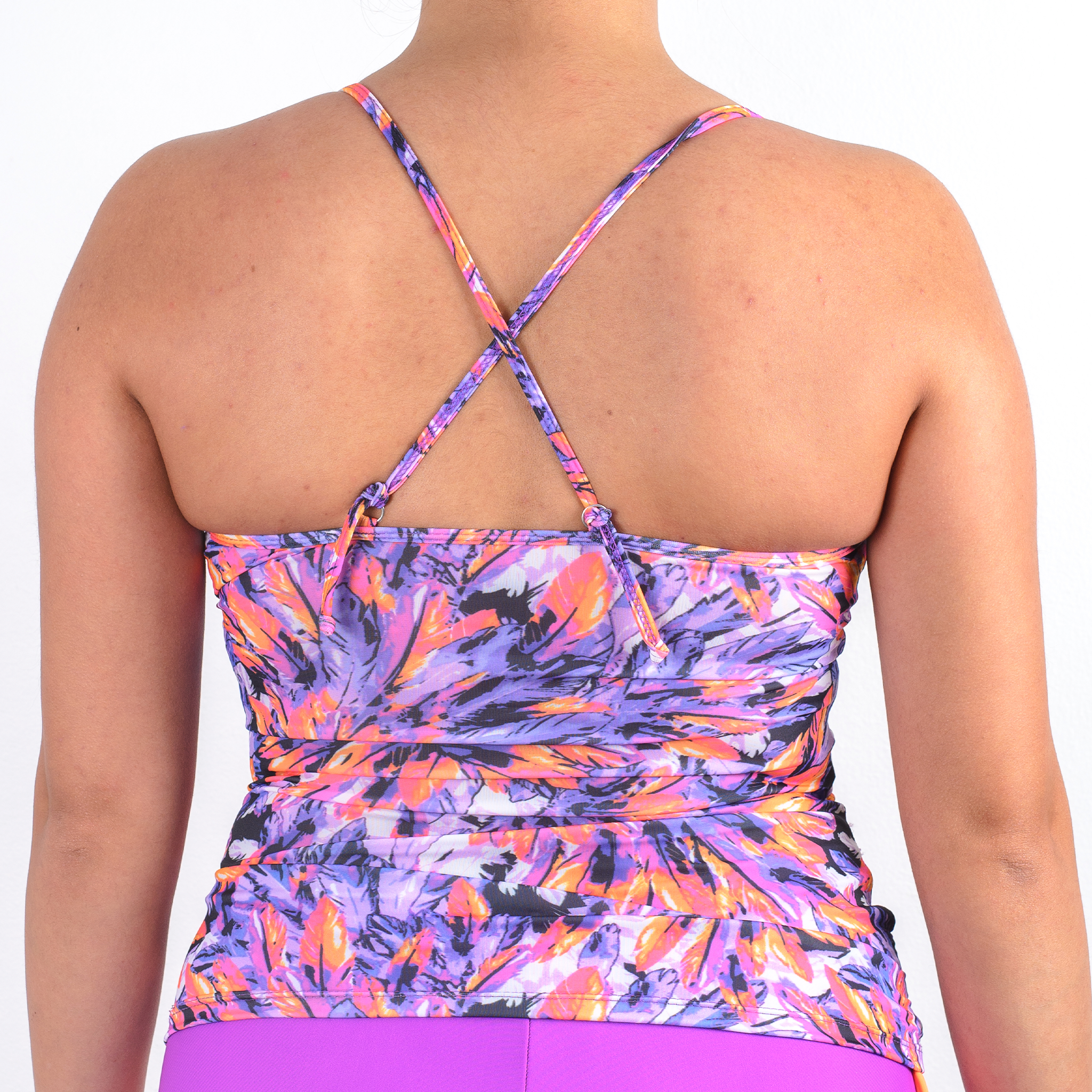 TRAJE DE BAÑO POLERA CON BARBAS Y FAJA MORADO CON NARANJO