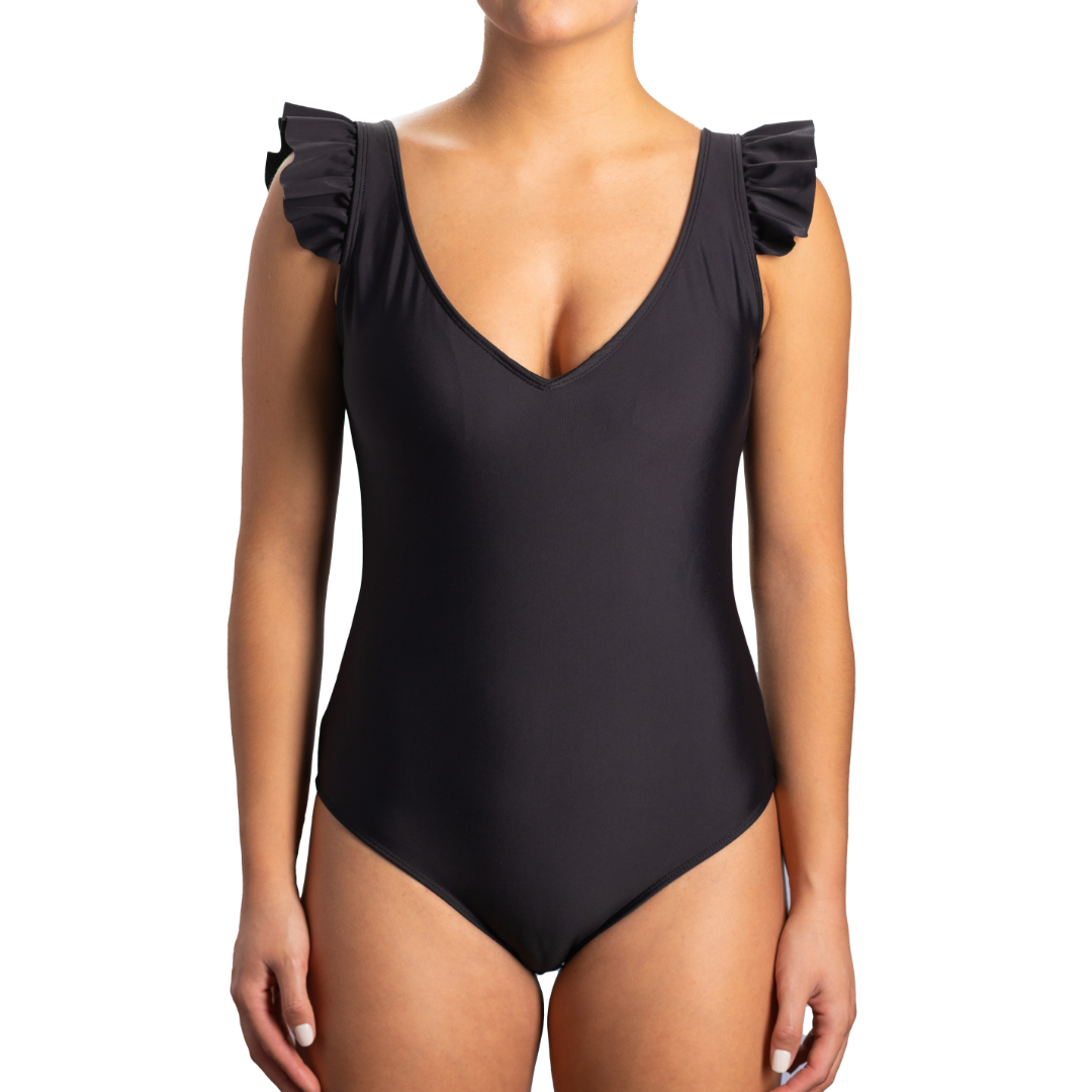 TRAJE DE BAÑO ENTERO CON VUELOS EN HOMBROS NEGRO